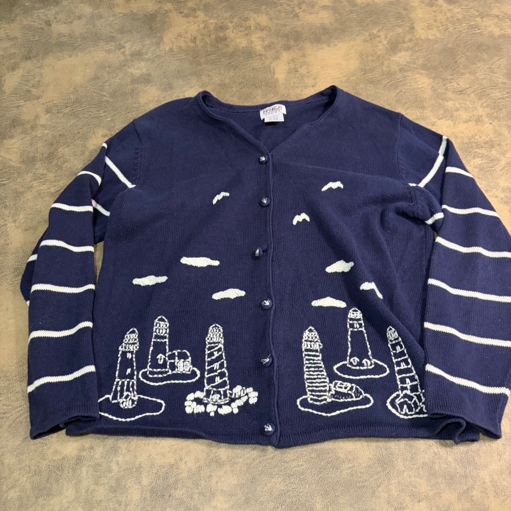 PBJ Sport Cardigan Sweater Womens XL Blue Lighthouse Embroidered Striped Sleeve
